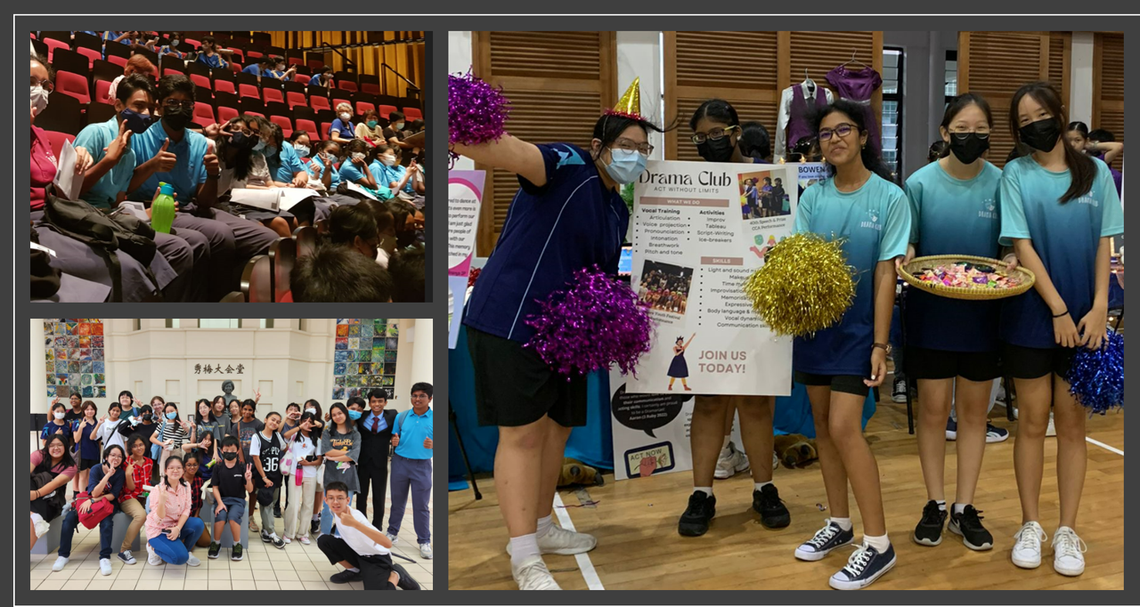 Students in masks promoting a Drama Club at a school fair, holding pompoms and a sign saying Join Us Today.